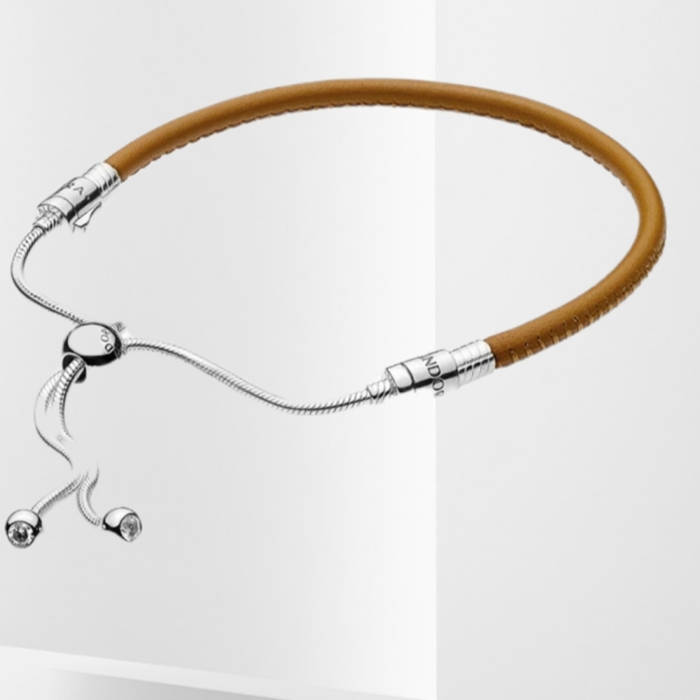 PANDORA MOMENTS tan leather slider charm bracelet